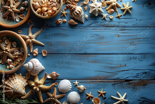 Top view of sea blue background with shells.