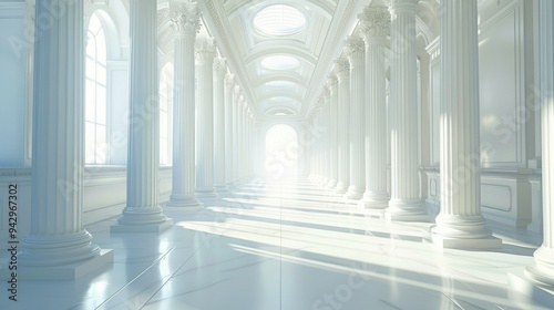 Sunlight Illuminates a Majestic Hallway with Grand White Columns and Light
