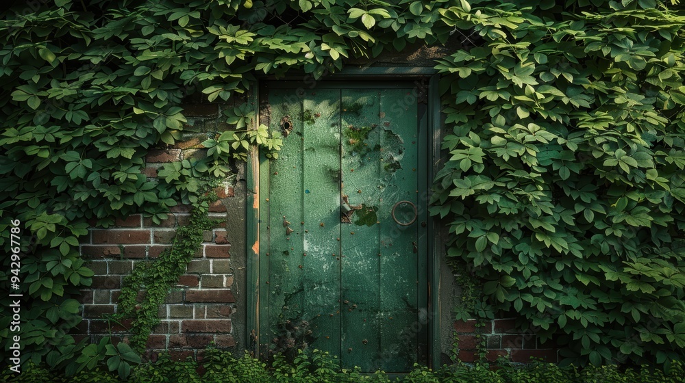 An Enigmatic Green Door Covered in Lush Foliage Inviting Exploration Ahead An Enigmatic Green Door Covered in Lush Foliage Inviting Exploration Ahead