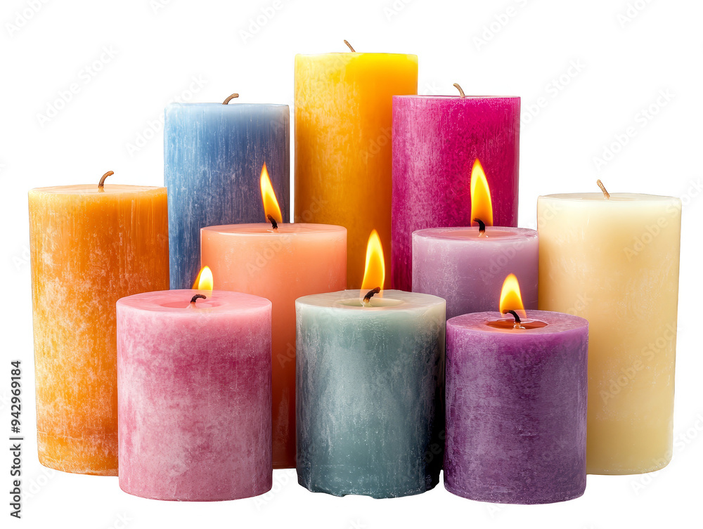 Colorful candles with flames isolated transparent background Colorful candles with flames isolated transparent background