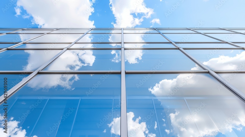 Fototapeta premium The sky is blue and cloudy. The clouds are white and fluffy. The building is tall and has many windows