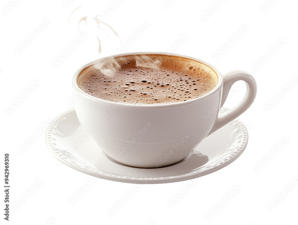 Fototapeta premium Hot Steaming Cup of Coffee with Foam on White Saucer