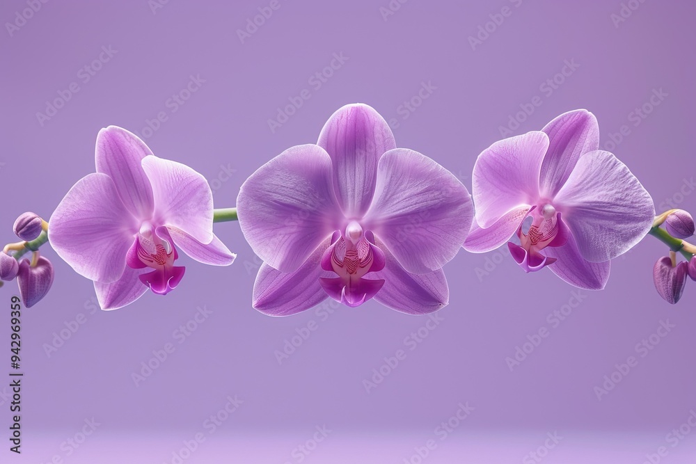 Obraz premium Levitating Orchids - Purple Background, Hyperrealistic Studio Photography, Minimalism and Negative Space 