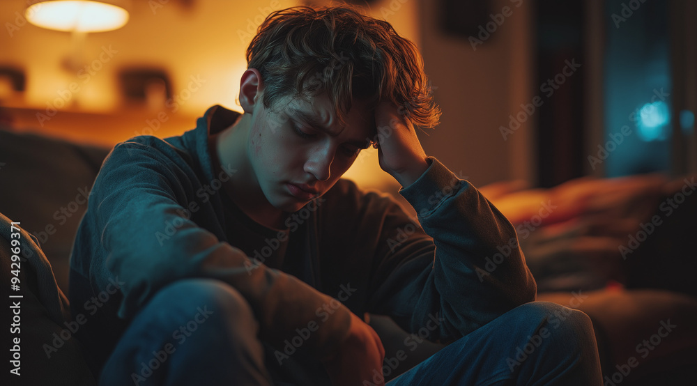 Obraz premium A man sitting on the couch with his head in hands, looking distressed and emotional, showing signs of anxiety or depression. The concept of emotional pain and suffering due to life events.