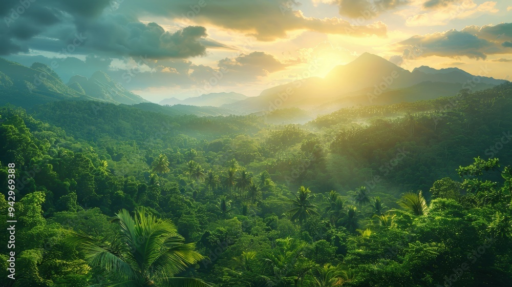Majestic Sunrise Over Lush Jungle Landscape with Mountainous Backdrop Majestic Sunrise Over Lush Jungle Landscape with Mountainous Backdrop