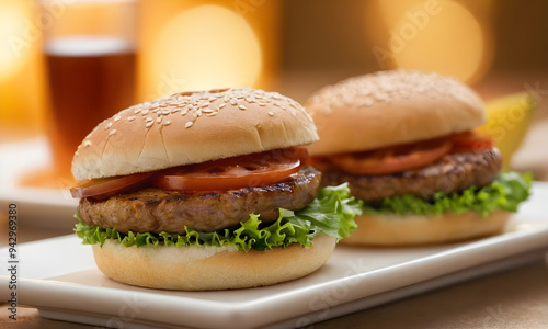 Two delicious cheeseburgers sitting on a plate with a drink in the background