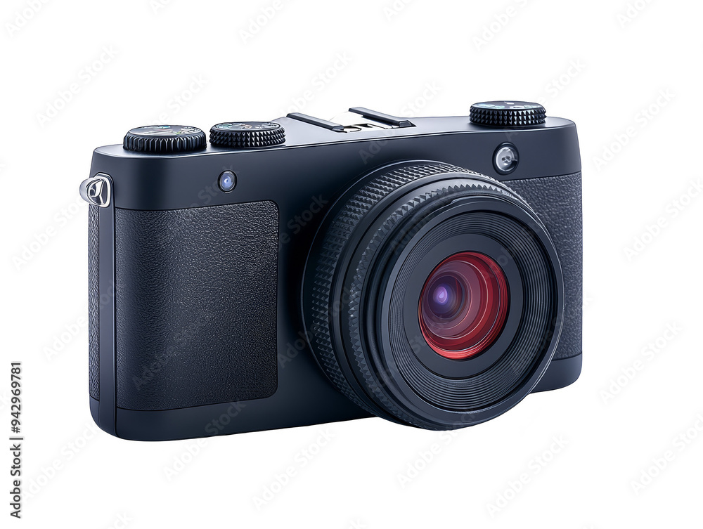 Black compact digital camera with lens isolated transparent background