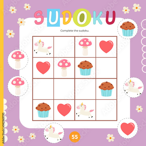 Unicorn Puzzle game for children. Magic elements in Sudoku. Vector illustration. Pretty pony Sudoku for kids activity book. Book square format.