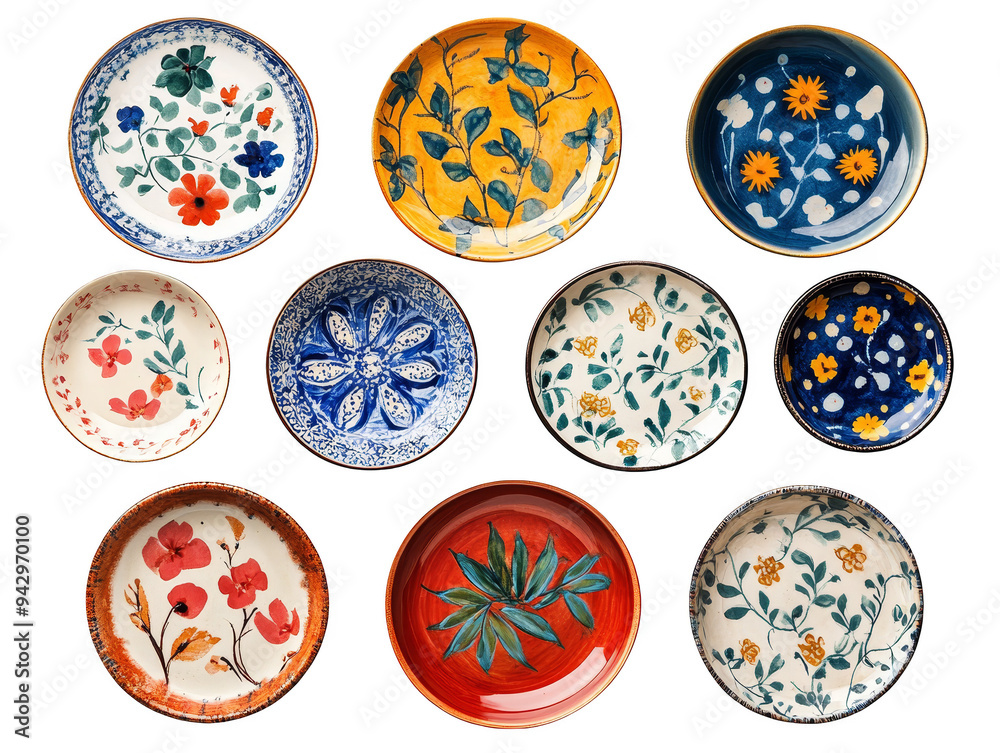 Collection of Hand Painted Ceramic Plates with Floral and Leaf Designs Collection of Hand Painted Ceramic Plates with Floral and Leaf Designs
