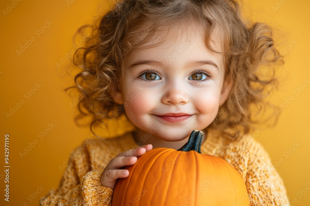 little girl with curly hair smiling and holding a halloween pumpkin against a warm yellow background little girl with curly hair smiling and holding a halloween pumpkin against a warm yellow background