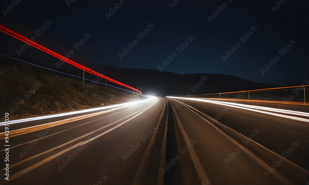 Highway at night with light trails from passing cars Highway at night with light trails from passing cars