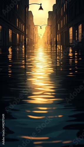 Wallpaper Mural A tranquil sunset over a flooded urban street, reflecting golden light on water, creating a serene, dreamlike atmosphere. Torontodigital.ca