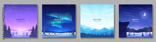 A set of polygonal posters. Hills and valleys in snowdrifts, night starry sky and moon, aurora borealis, dawn in the mountains. The concept of tourism, hiking, winter active recreation. Vector images.