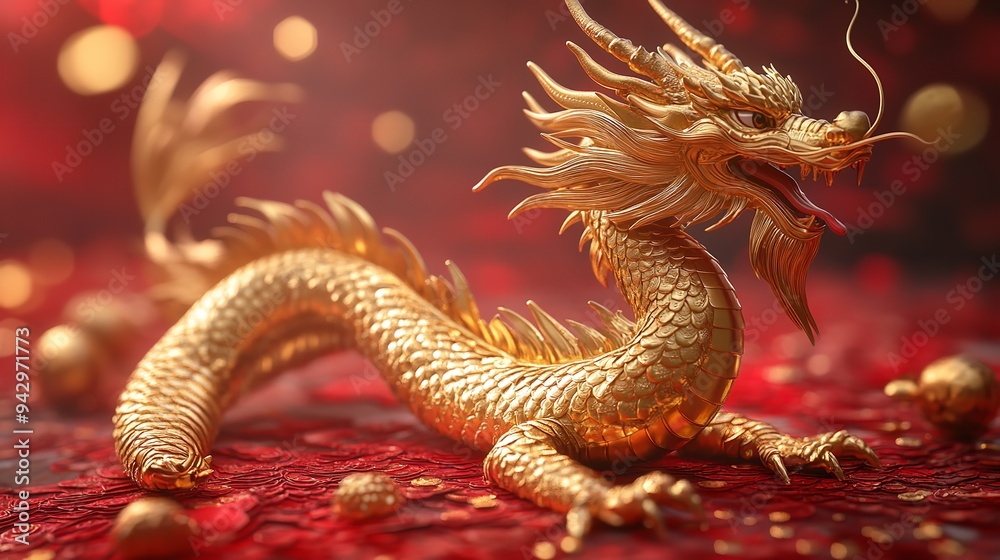 golden chinese red dragon hyperdetailed, a good omen for new year festivity, red color background golden chinese red dragon hyperdetailed, a good omen for new year festivity, red color background