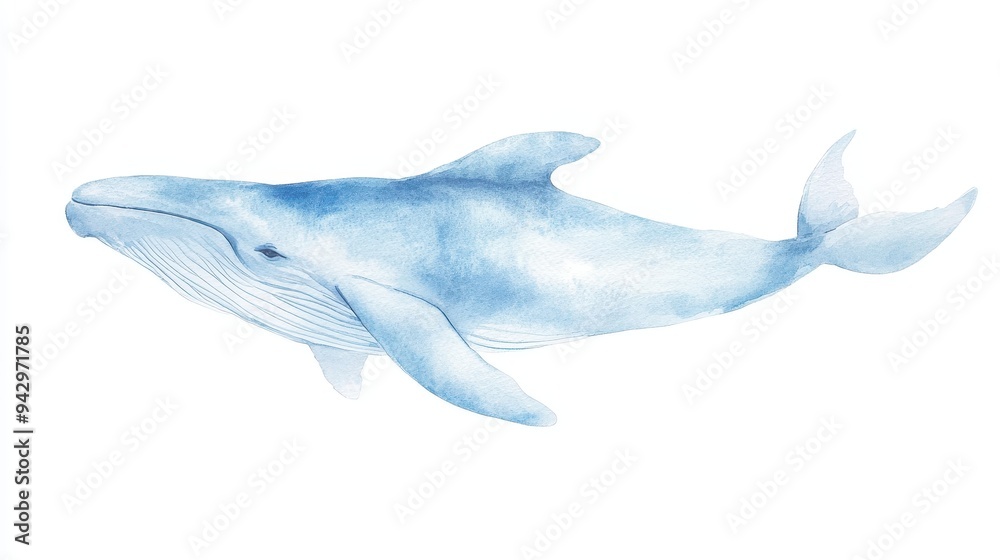 Obraz premium A blue whale is swimming in the ocean. The whale is large and majestic, and it is surrounded by a calm and peaceful ocean. Concept of awe and wonder at the beauty of nature