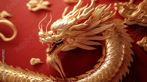 golden chinese red dragon hyperdetailed, a good omen for new year festivity, red color background