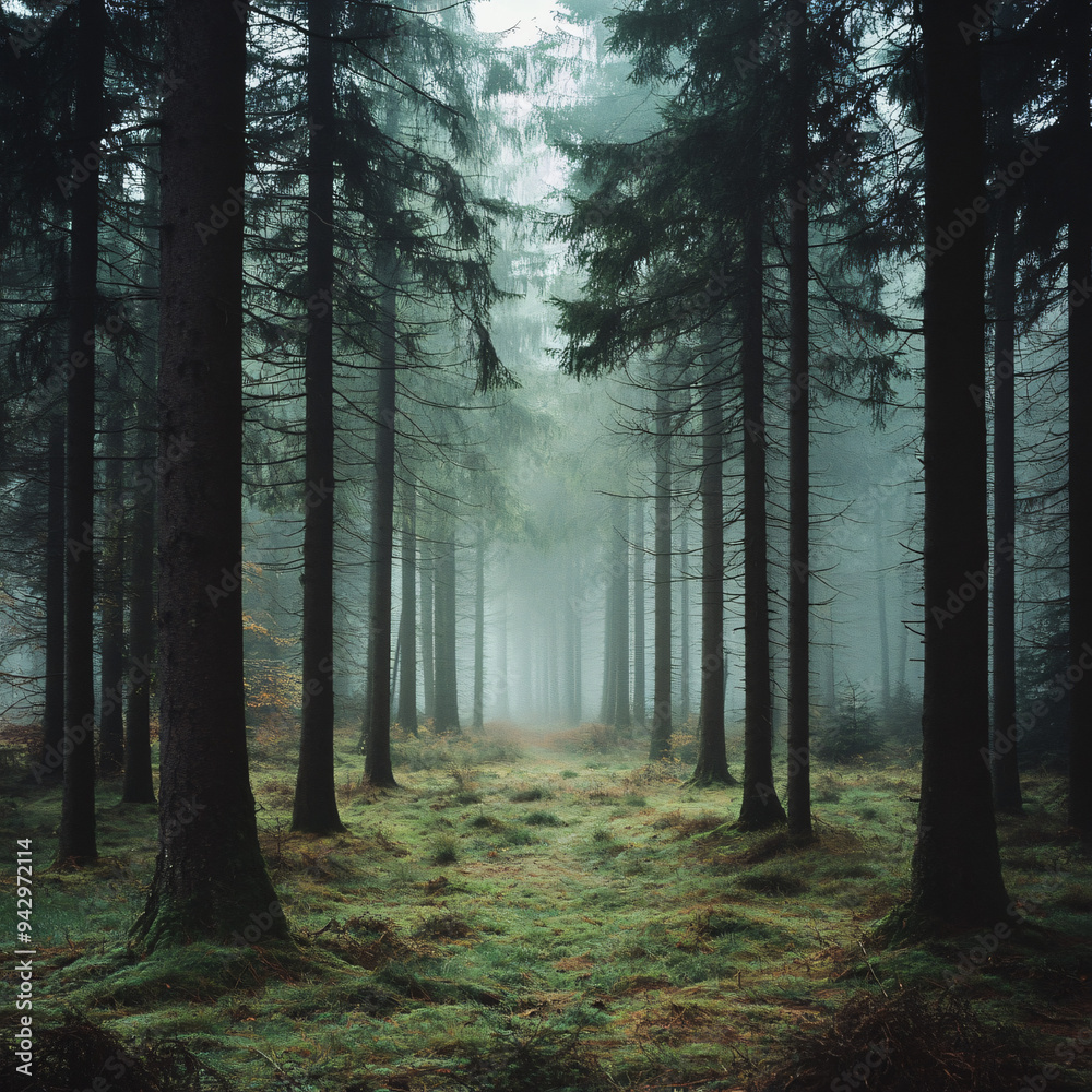 Fototapeta premium A foggy morning in a quiet forest with tall trees.