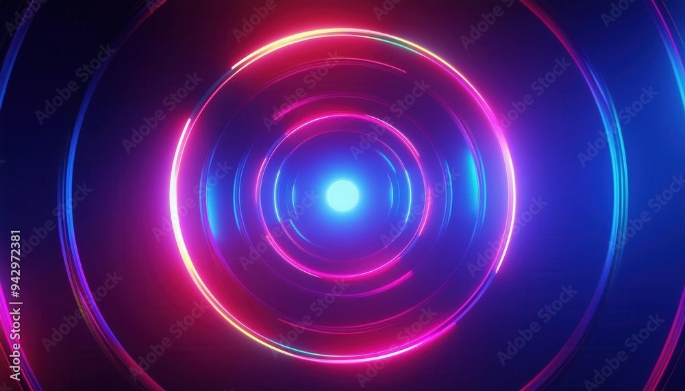 Abstract design of concentric neon rings in blue and pink hues, converging toward a glowing central point, vibrant and futuristic visual effect. Abstract design of concentric neon rings in blue and pink hues, converging toward a glowing central point, vibrant and futuristic visual effect.