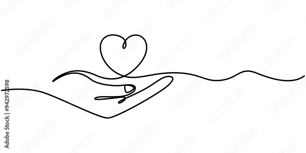 © Line emotion - One continuous line drawing of hand holding heart. Support concept. Charity vector illustration, Continuous one line human arm holding heart symbol drawing. Charity donation concept in simple linear