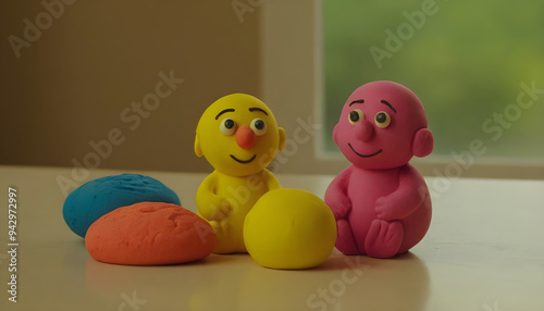 Two funny claymation characters sitting on a table