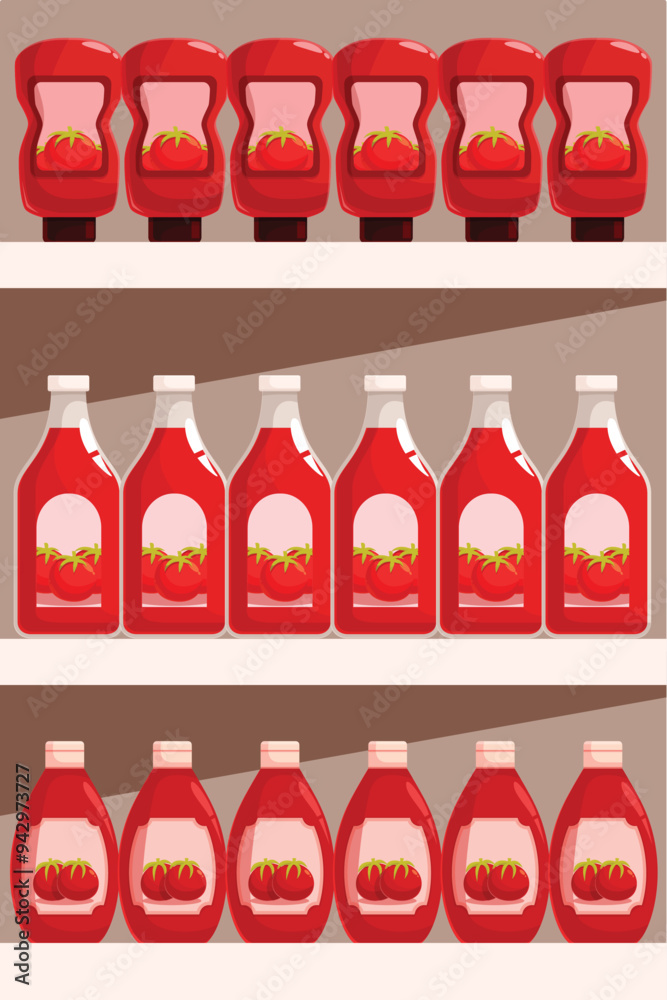 Supermarket shelf full of ketchup bottles with a tomato design on the label