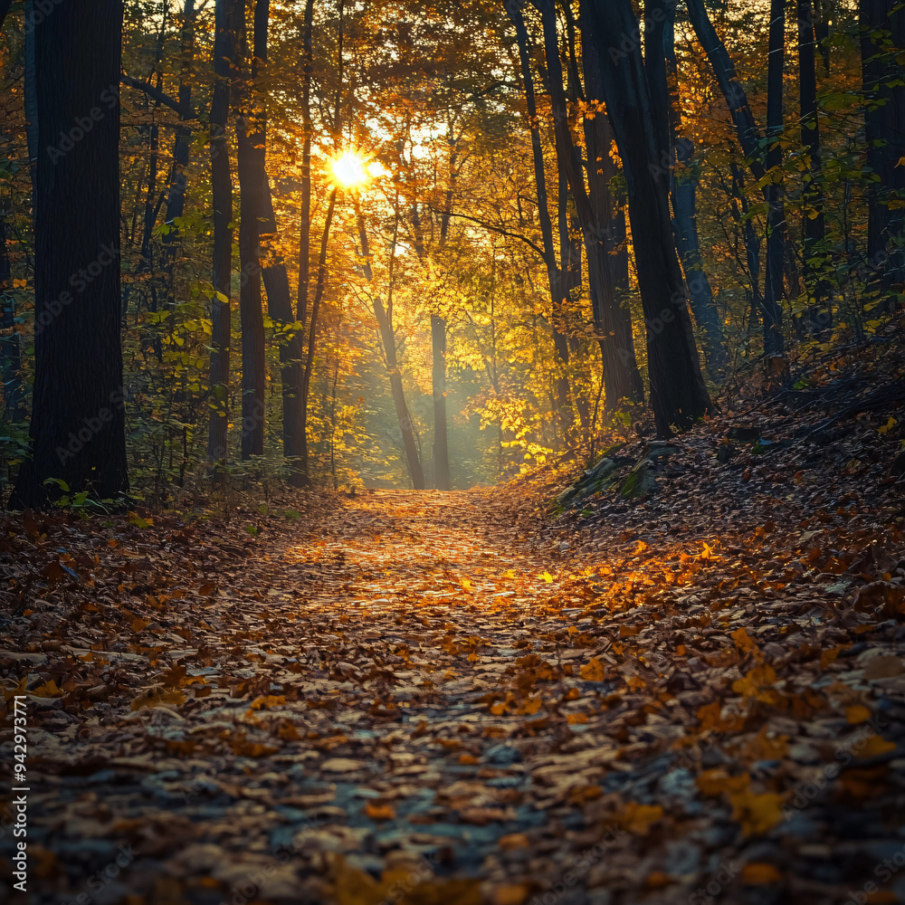 A forest trail covered in fallen leaves with sunlight breaking through. A forest trail covered in fallen leaves with sunlight breaking through.