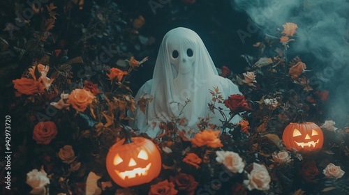 Halloween ghost surrounded by flowers and glowing pumpkin lanterns and fog photo