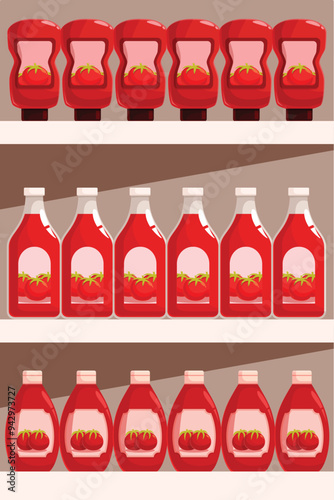 Supermarket shelf full of ketchup bottles with a tomato design on the label