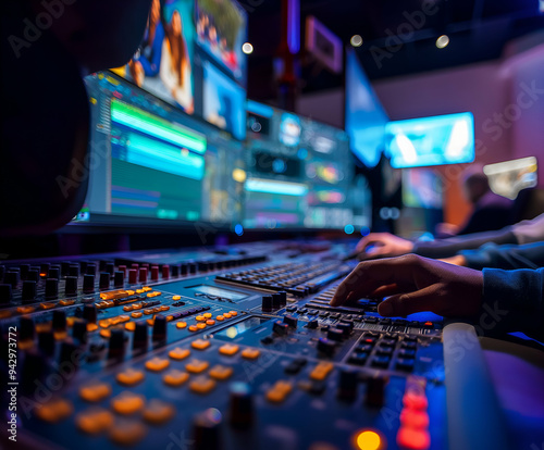 A group of editors engages with a sophisticated editing console, manipulating various controls and screens while collaborating on a project in a dynamic studio environment