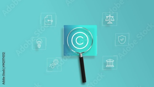 Magnifying glass focuses on Copyright or patent concept. digital icons representing intellectual property and digital copyright law. Trademark license, copyleft, Rights symbol, Piracy crime, photo