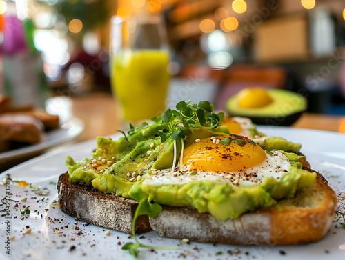 Savor a delightful brunch featuring creamy avocado toast topped with a sunny-side-up egg, fresh herbs, and a refreshing drink in a cozy café ambiance photo