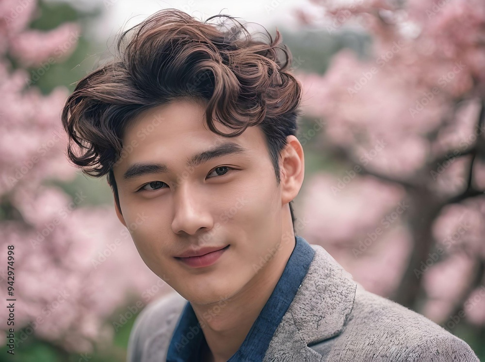 Handsome Korean Guy in Suit with Stylish Haircut Portrait with Cherry Blossom Trees Blossoming in The Background Handsome Korean Guy in Suit with Stylish Haircut Portrait with Cherry Blossom Trees Blossoming in The Background