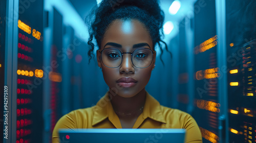 Black woman working in server room. photo