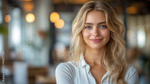 Caucasian business woman standing in office smiling and look at camera