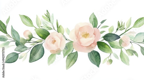 Fototapeta Naklejka Na Ścianę i Meble -  A watercolor painting of a pink flower with green leaves. The flower is the main focus of the painting, and the green leaves surround it, creating a sense of balance and harmony