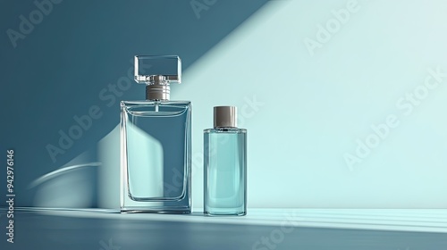 A 3D render of a transparent perfume bottle and a water bottle, both placed on a serene blue background, showcasing elegance and clarity.