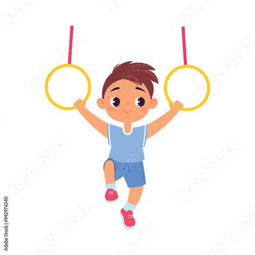 Boy Character Hanging on Rings Do Sport Vector Illustration