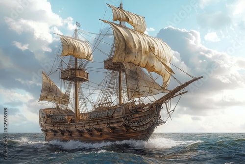 A Wooden Galleon Ship Sailing Through Rough Seas Under a Cloudy Sky