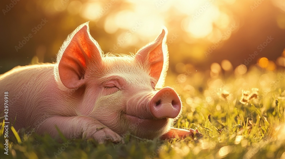 A happy pig enjoys the gentle warmth of the sun, basking in its rays, embodying peaceful contentment.