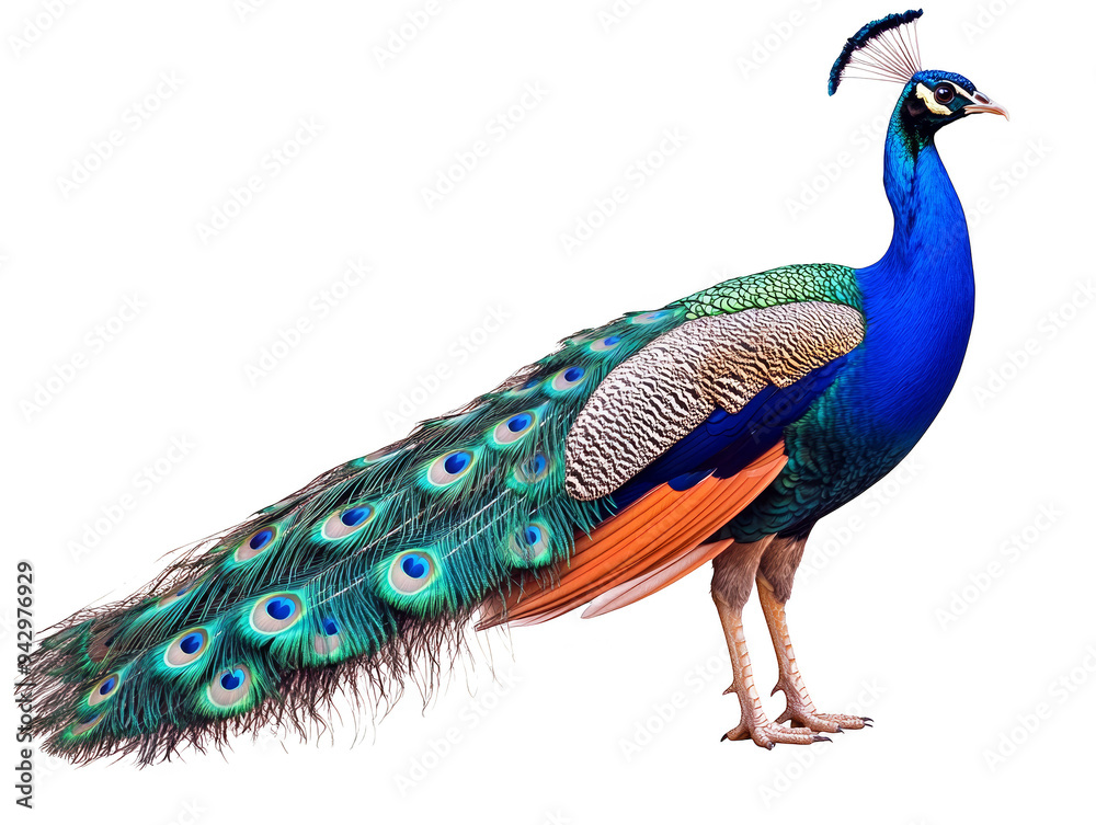 Fototapeta premium Majestic peacock with vibrant feathers isolated transparent background