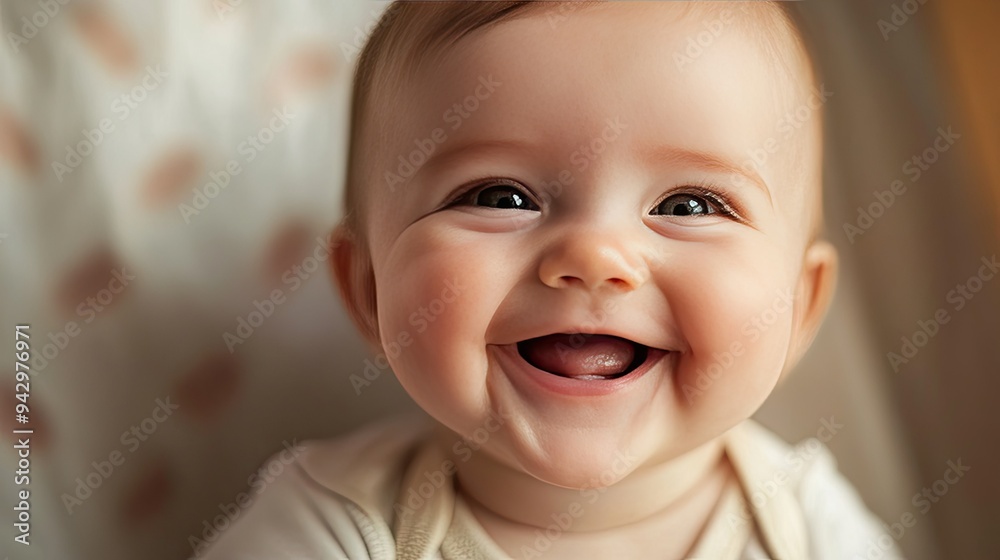 A joyful baby smiling brightly, framed by soft lighting that highlights their chubby cheeks and bright eyes. A joyful baby smiling brightly, framed by soft lighting that highlights their chubby cheeks and bright eyes.