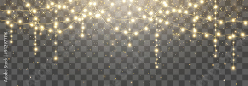 Christmas lights bulbs, glowing garlands string. New Year's party lights, holiday decorations. Winter holiday season element. Vector illustration isolated on png