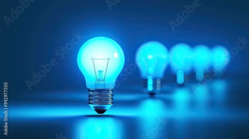 A series of blue light bulbs lined up, with one illuminated bulb standing out, all set against a matching blue background.