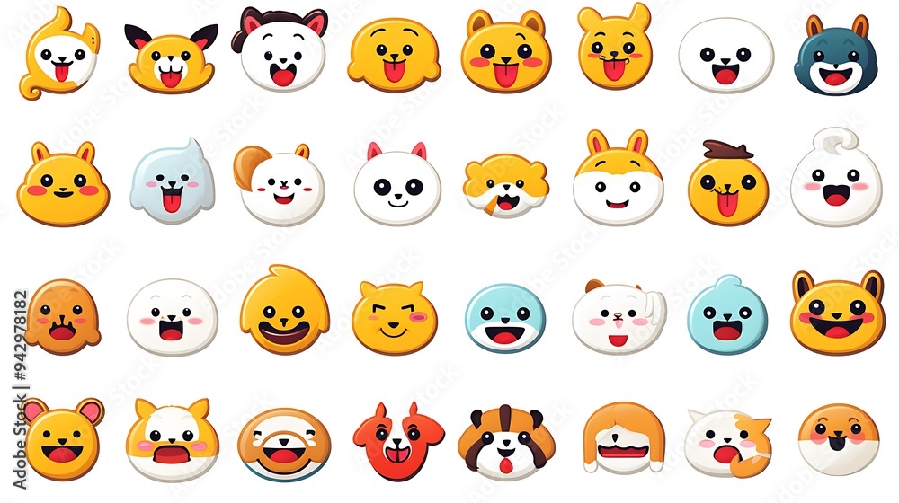 Obraz premium A playful vector set of emojis showing different emotions, activities, and animals