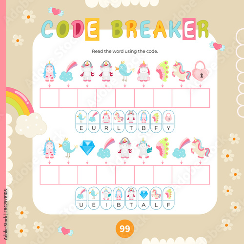 Unicorn activities for kids. Find the hidden words in Code Breaker. Logic games for children. Vector illustration. Square page for Activity Book.