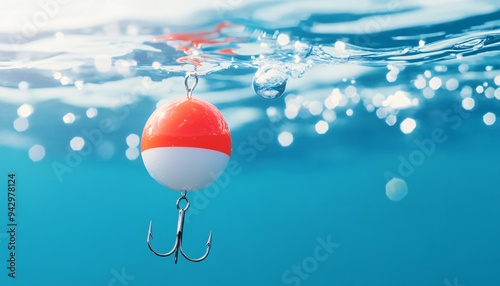 A vibrant fishing bobber floats on the water surface, reflecting light, capturing the essence of a peaceful fishing day. photo