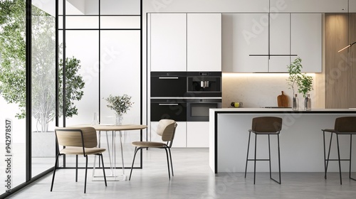 Modern kitchen interior with sleek design, featuring minimalist furniture and ample natural light for a stylish atmosphere.