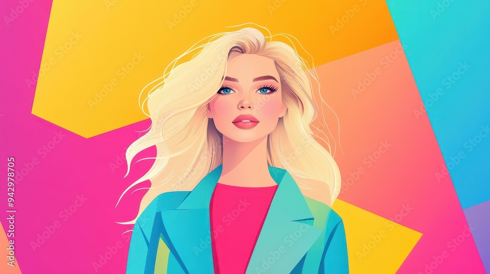 A stunning illustration of a blonde model in a vibrant pastel backdrop, showcasing modern fashion through a playful lens. A stunning illustration of a blonde model in a vibrant pastel backdrop, showcasing modern fashion through a playful lens.