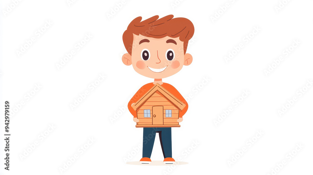 A young child grips a wooden flat house, showcasing a charming cartoon design on a simple white backdrop. A young child grips a wooden flat house, showcasing a charming cartoon design on a simple white backdrop.