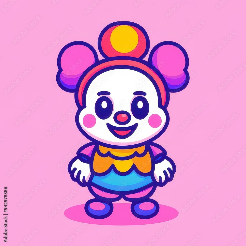 A cheerful clown vector game asset featuring a fullbody design in pastel colors, minimal shapes, and black outlines. A cheerful clown vector game asset featuring a fullbody design in pastel colors, minimal shapes, and black outlines.